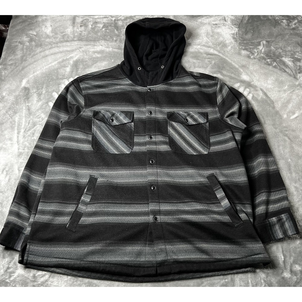 Quiksilver Jacket Mens XXL Plaid Fleece Lined Hooded Shacket Shirt Grey